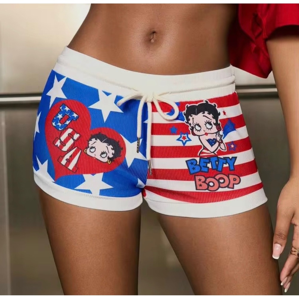 Shein Betty Boop USA Patriotic Ribbed Booty Micro Mini Shorts S 4th of July